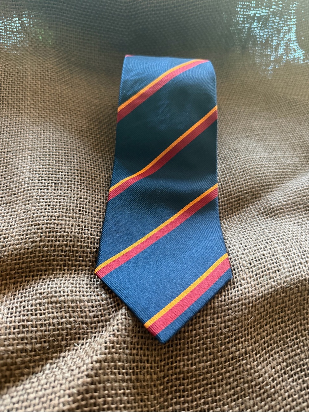 Men's Ben Silver silkNavy Blue Striped Necktie with Red and Gold Accents
